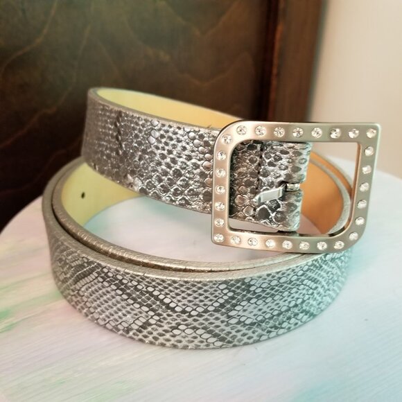 Canterbury Golf Genuine Leather Belt, Size L, Silver Rhinestone Metallic Reptile - Picture 4 of 12